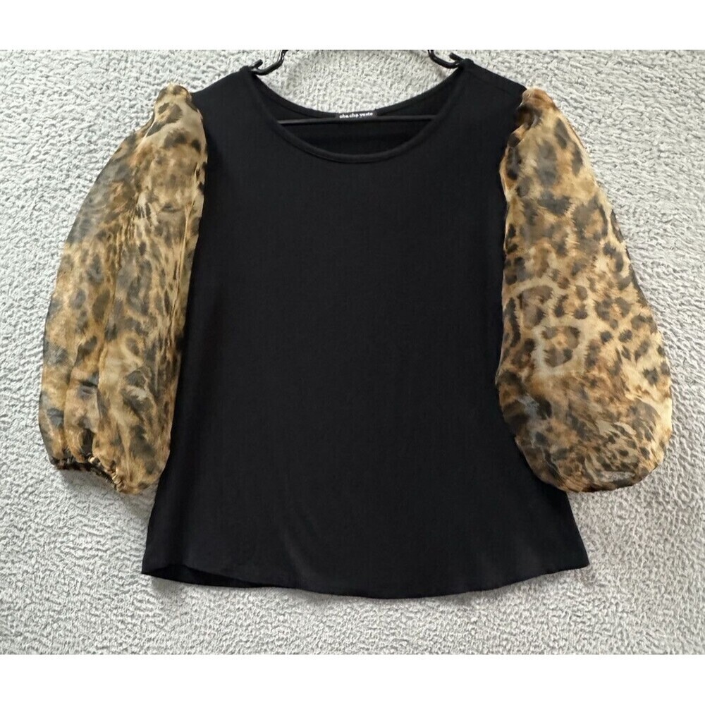 Cha Cha Vente Blouse Womens M Black Soft Knit Animal Print Balloon Sleeve Shirt
